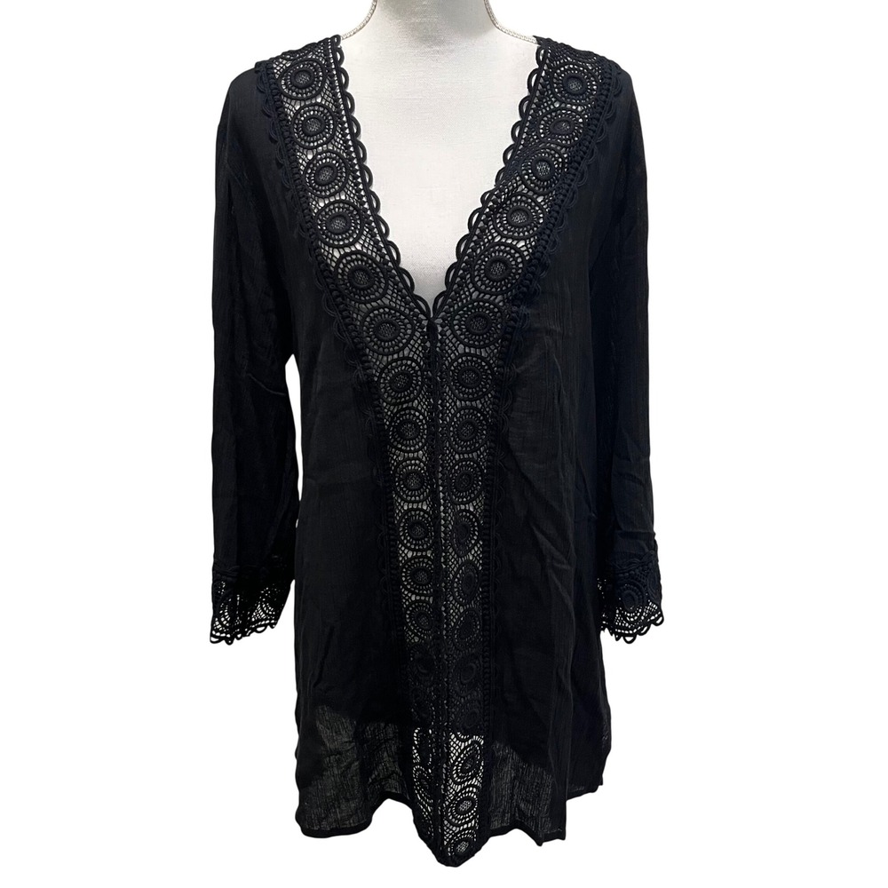 La Blanca Swim Cover Up One Size Black Crochet Trim VNeck Long Sleeve Boho Beach - Picture 2 of 6